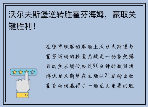 沃尔夫斯堡逆转胜霍芬海姆，豪取关键胜利！