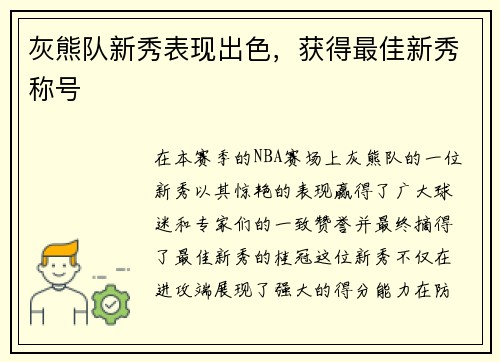 灰熊队新秀表现出色，获得最佳新秀称号