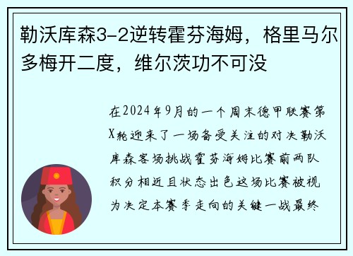勒沃库森3-2逆转霍芬海姆，格里马尔多梅开二度，维尔茨功不可没
