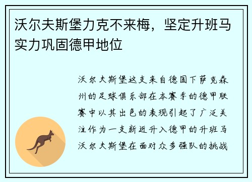 沃尔夫斯堡力克不来梅，坚定升班马实力巩固德甲地位