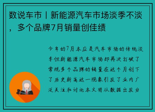 数说车市丨新能源汽车市场淡季不淡，多个品牌7月销量创佳绩
