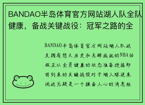 BANDAO半岛体育官方网站湖人队全队健康，备战关键战役：冠军之路的全新起点