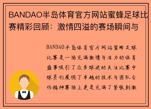 BANDAO半岛体育官方网站蜜蜂足球比赛精彩回顾：激情四溢的赛场瞬间与球员风采