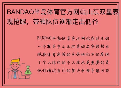 BANDAO半岛体育官方网站山东双星表现抢眼，带领队伍逐渐走出低谷
