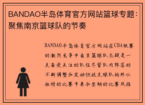 BANDAO半岛体育官方网站篮球专题：聚焦南京篮球队的节奏