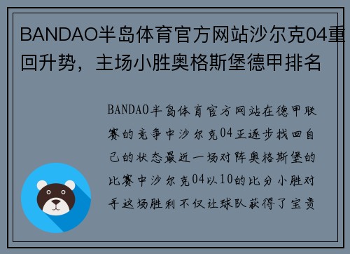 BANDAO半岛体育官方网站沙尔克04重回升势，主场小胜奥格斯堡德甲排名稳步回升