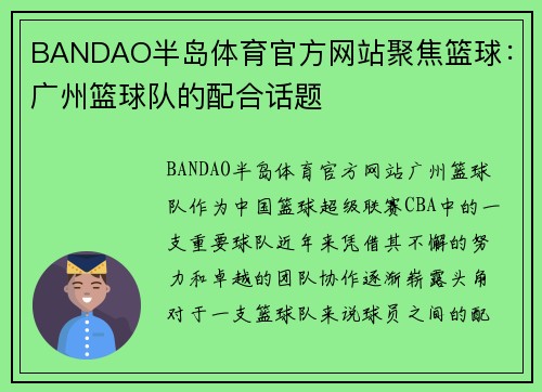 BANDAO半岛体育官方网站聚焦篮球：广州篮球队的配合话题