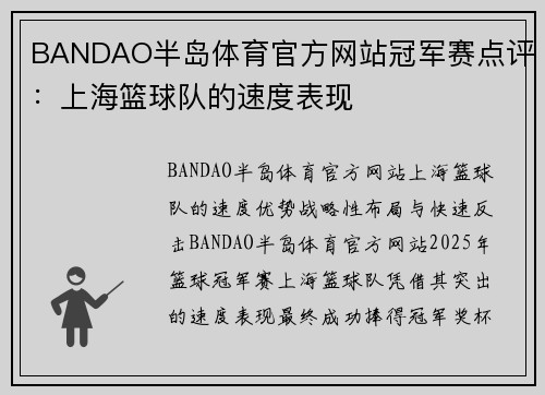 BANDAO半岛体育官方网站冠军赛点评：上海篮球队的速度表现